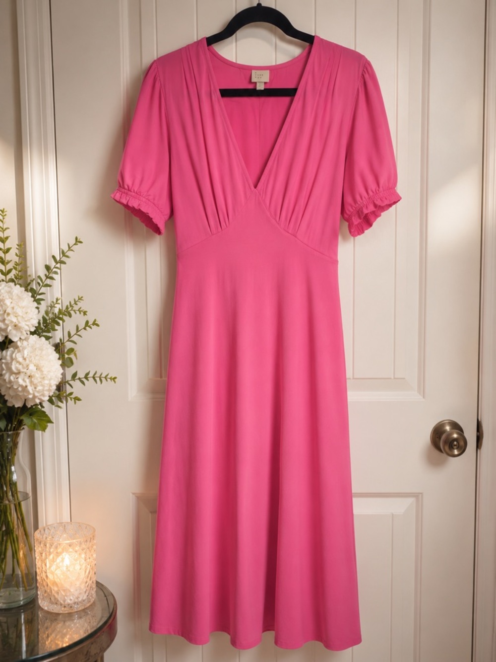 A New Day Hot Pink Maxi Dress V-Neck Puff Sleeve Empire Waist - Picture 2 of 4